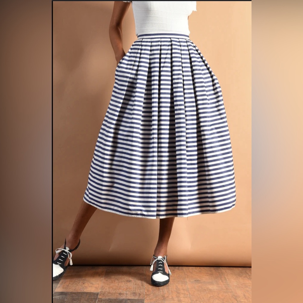 Navy and White Striped Long Maxi Gathered Women's Skirt Large